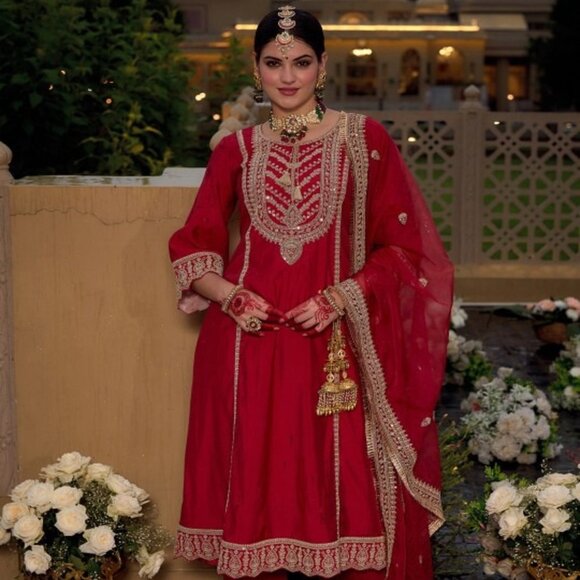 Maroon & Gold-Toned Silk Blend Embroidered A-Line Kurta Set with Trousers & Orga - Picture 1 of 8